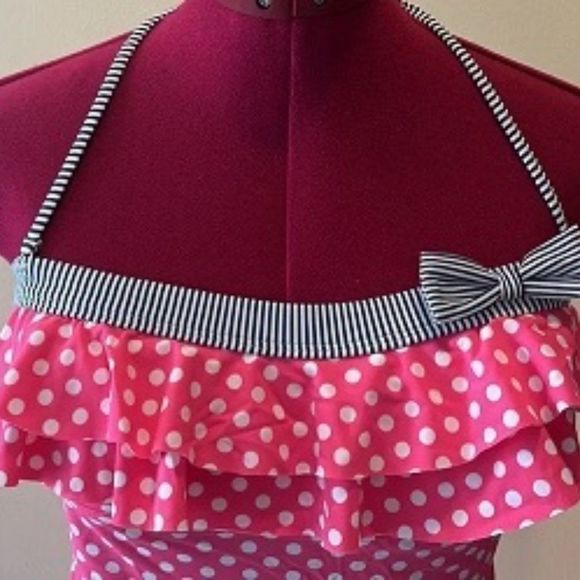 Arizona Jean Tankini ruffles size large/halter strap polka dots/ pink and white - Picture 1 of 10